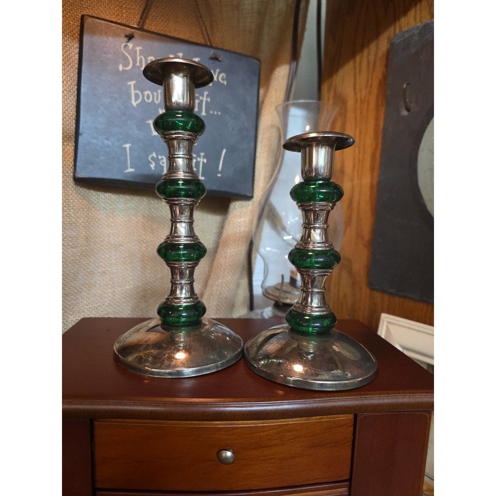 Pair of VTG Mercury Glass Candlesticks with Green Glass Accents - Glows Blue - Picture 4 of 5